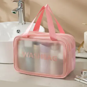 Rosa borsa da viaggio per toeletta con finestra, comodo astuccio cosmetico per mare, sport e fitness.