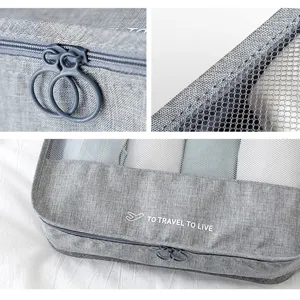 Gray travel packing cube set organizer bags with breathable mesh window and dual zippers.