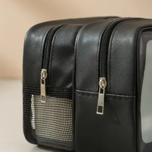 Borsa cosmetica da viaggio nera con doppia cerniera e tasca in rete per organizzare il make up