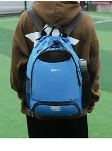 Blue outdoor sports drawstring backpack with side mesh pockets for gym and cycling.