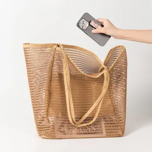 Gran bolso de malla marron bolsa de hombro informal transpirable para la playa todos los dias!