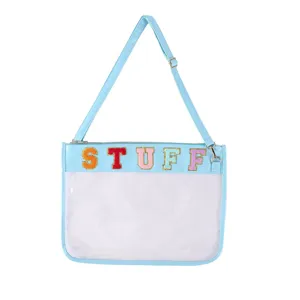 Sac bandoulière transparent en TPU avec lettres en feutre colorées pour un usage quotidien.