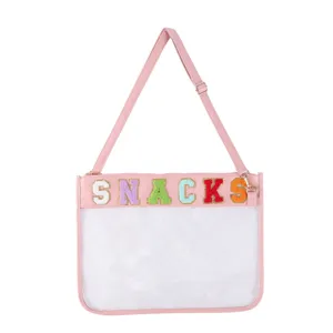 Sac de document transparent en TPU avec patch de lettres en feutre, sac bandoulière rose.