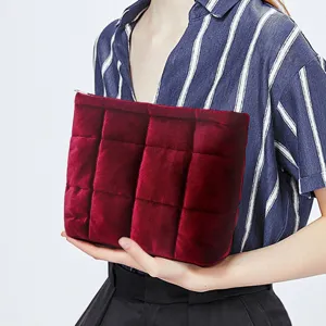 Large Capacity Velvet Quilted Cosmetic Bag Portable Handheld Zipper Makeup Storage Pouch Travel Toiletry Bag