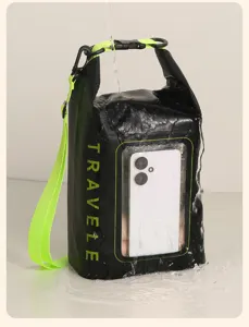 Waterproof dry bag with clear touch screen window and adjustable strap for outdoor travel.