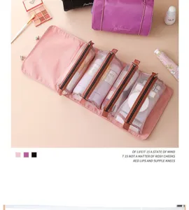 Detail shot of pink travel cosmetic bag with clear mesh compartments for daily essentials.