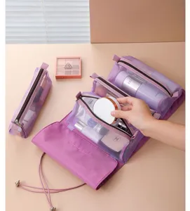 Purple mesh roll-up cosmetic bag set, hanging travel makeup organizer pouch with multiple compartments.