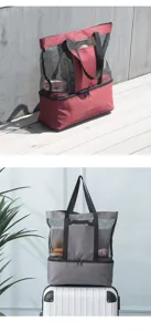 Detail view of large mesh beach tote bag with insulated bottom compartment for picnic travel.