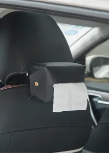 Caja de pañuelos de coche de cuero PU negro montada en el asiento, accesorio elegante.
