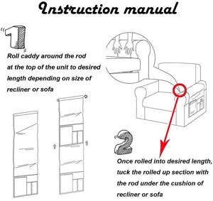 Diagrama de instrucciones del organizador de reposabrazos de sofá con múltiples bolsillos caddy.