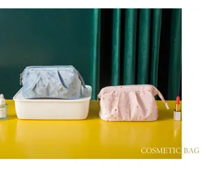 Velvet cosmetic bag with gold stars, large capacity portable makeup organizer pouch for travel.