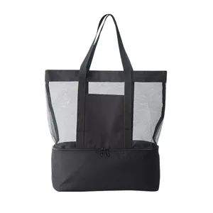 Large black mesh beach bag with bottom insulated cooler compartment, tote shoulder bag.