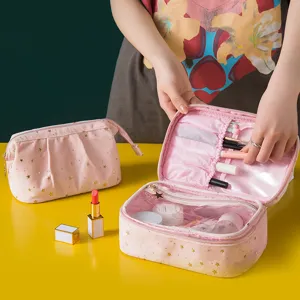Velvet Cosmetic Bag Women Large Capacity Portable Makeup Organizer Gold Stamped Star Pattern Pouch Handbag