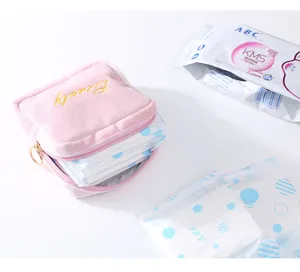 Pink velvet sanitary pad storage bag portable cosmetic pouch cute period organizer for women