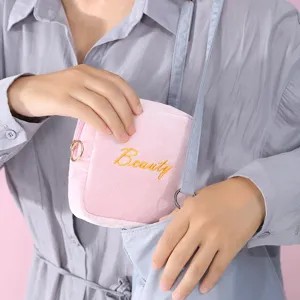 Pink velvet portable sanitary napkin storage bag cute cosmetic makeup pouch organizer for women