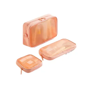 Conjunto de neceser de viaje, organizador de maquillaje de malla rosa, 3 piezas.