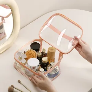 Bolsa de cosméticos de viaje transparente de PVC con borde rosa neceser de maquillaje impermeable