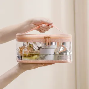 Bolsas de maquillaje transparentes de PVC con asa, organizador de cosméticos de viaje.
