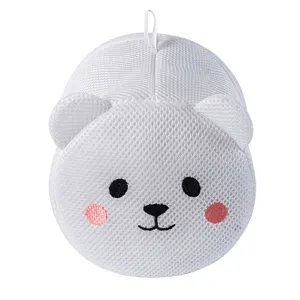White cute bear mesh laundry bag for delicate bras, durable zipper wash pouch organizer.