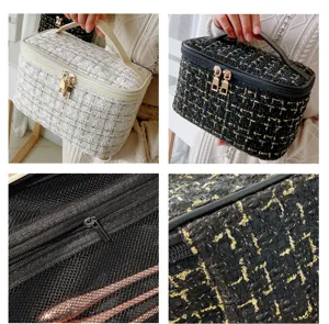 Large capacity tweed cosmetic bag for women, portable multi-functional makeup storage organizer.