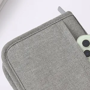 Primo piano di una pochette organizer per documenti in tessuto grigio con finitura impermeabile.