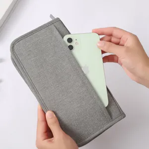 Borsa per passaporto in tessuto grigio organizer per documenti da viaggio con tasca