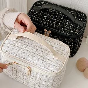 Tweed cosmetic bag large capacity portable makeup organizer stylish travel vanity storage pouch