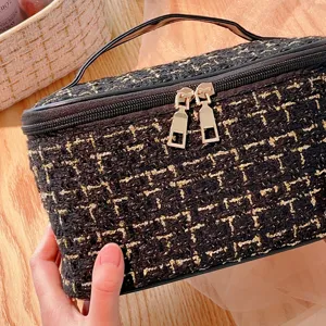 Black gold tweed cosmetic bag with handle, large capacity portable makeup organizer.
