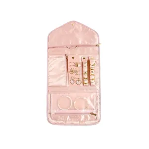Borsa da viaggio in raso rosa per gioielli, custodia pieghevole portatile per orecchini.