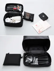 Schwarze multifunktionale Reise-Kosmetiktasche mit Pinselhalter und abnehmbarem Beutel.