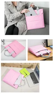 Détail de mallette pour ordinateur en toile rose avec poches multiples et tablette.