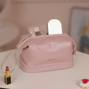 Bolsita de maquillaje impermeable de PU gran capacidad doble capa organizador de viaje