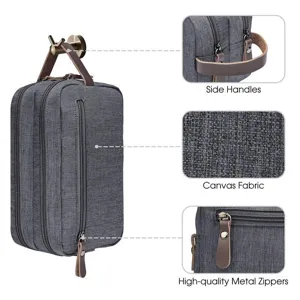 Detalle de bolsa de aseo para hombre con tela de lona duradera y cremalleras metalicas.