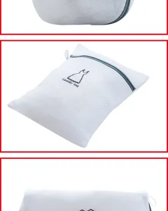 Vue détaillée du sac à linge en filet blanc avec fermeture éclair et motif élégant.