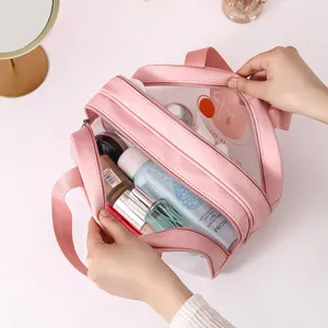 Borsa cosmetica trasparente a doppio strato rosa, grande organizzatore portatile.
