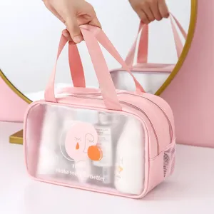 Borsa cosmetica trasparente rosa con doppia cerniera per viaggi e archiviazione di trucco giornaliera.