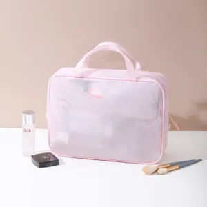 Bolsa de cosméticos de malla rosa con asa, neceser de viaje transpirable con cremallera.