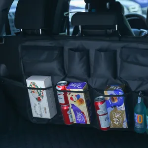 Práctico organizador de asiento trasero de coche con múltiples bolsillos para maletero y respaldo.