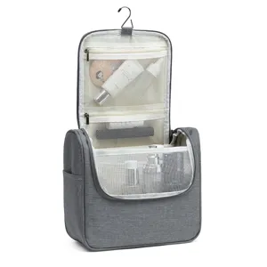 Große hängende Kulturtasche in Grau, wasserdichter Reise-Kosmetikorganizer mit praktischen Haken.