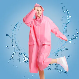 Impermeable largo con capucha rosa para adultos, material impermeable para viajes al aire libre.