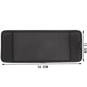 Vista detallada del organizador de visera solar para coche con dimensiones, bolsa de almacenamiento.