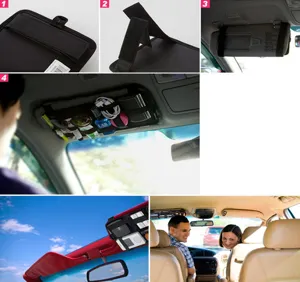 Organizador multifuncional para visera de coche con bandas elásticas y bolsillos.