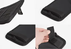 Detalle del organizador de visera para coche, bolsa de almacenamiento elástica negra con velcro.