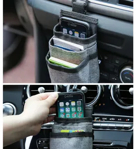 Car air vent storage bag, multi-pocket hanging organizer for mobile phone and cards.