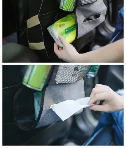 Car seat back organizer with tissue holder and multi-pocket hanging storage bag for auto use