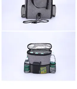 Car back seat organizer and cooler bag with multiple mesh pockets for drinks and phone storage.