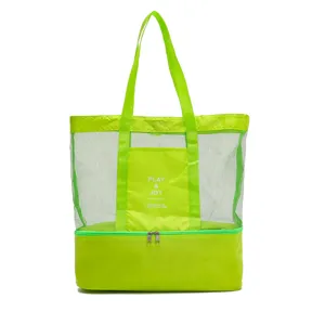 Green mesh beach bag detail, wet dry separation design, large capacity picnic cooler bag.