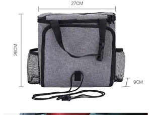Grey car seat organizer detail view showing mesh side pockets, durable Oxford fabric and straps.