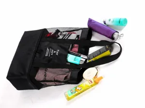 Black mesh tote bag large capacity beach bag travel picnic bag with sturdy handles.