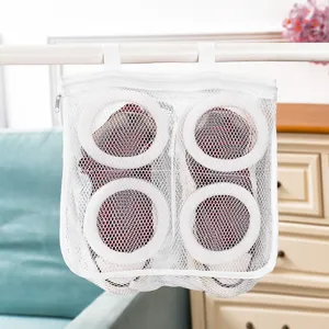 Mesh shoe washing bag for laundry machine, hanging drying organizer with protective frames.